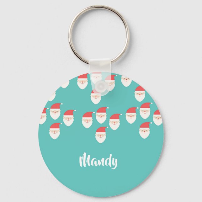 Santa Claus faces on blue Key Ring (Front)