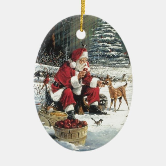 Santa Claus Feeding The Animals Ceramic Tree Decoration (Front)