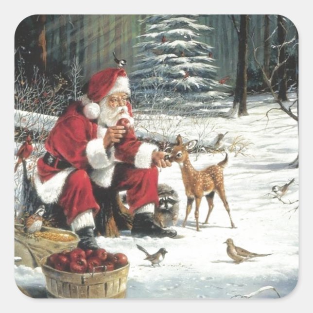 Santa Claus Feeding The Animals Square Sticker (Front)