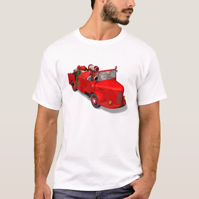 Santa Claus Firefighter In Fire Engine T-Shirt (Front)