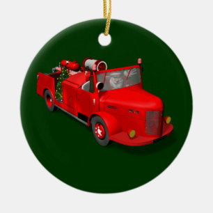 Santa Claus Fireman In Fire Truck Ceramic Tree Decoration