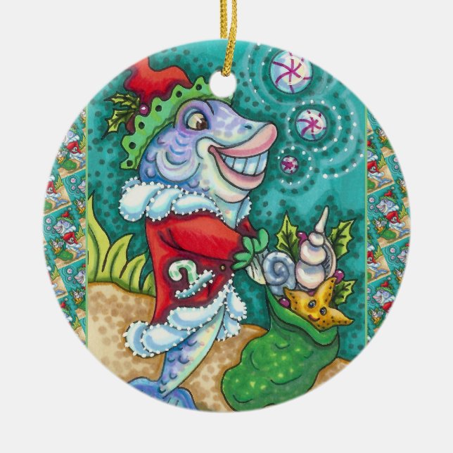 SANTA CLAUS FISH TALES, STARFISH, BAG OF SEASHELLS CERAMIC ORNAMENT (Front)