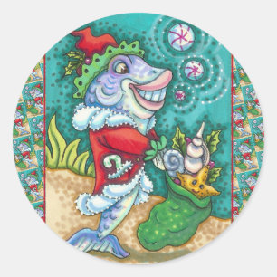 SANTA CLAUS FISH TALES, STARFISH, BAG OF SEASHELLS CLASSIC ROUND STICKER