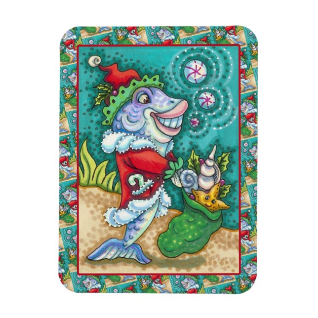 SANTA CLAUS FISH TALES, STARFISH, BAG OF SEASHELLS MAGNET (Vertical)