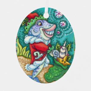 SANTA CLAUS FISH TALES, STARFISH, BAG OF SEASHELLS METAL TREE DECORATION
