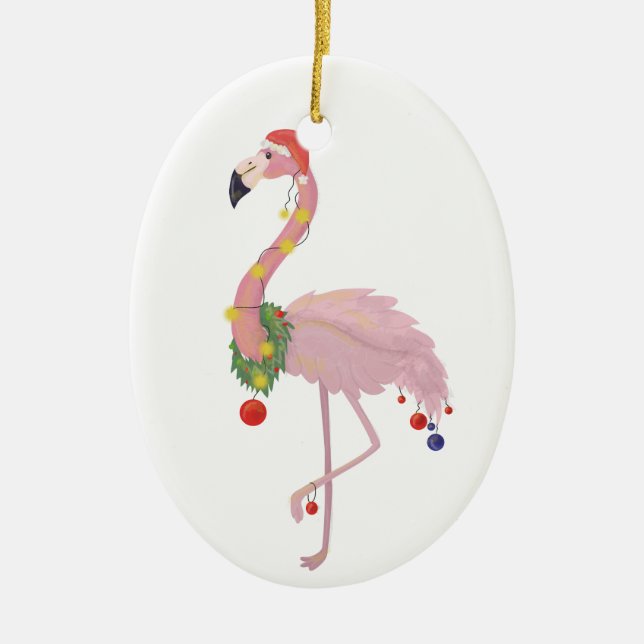 santa claus flamingo ceramic ornament (Front)