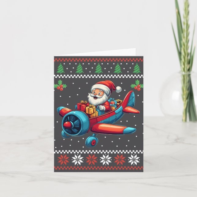Santa Claus Flying Aeroplane Ugly Christmas Sweate Card (Front)