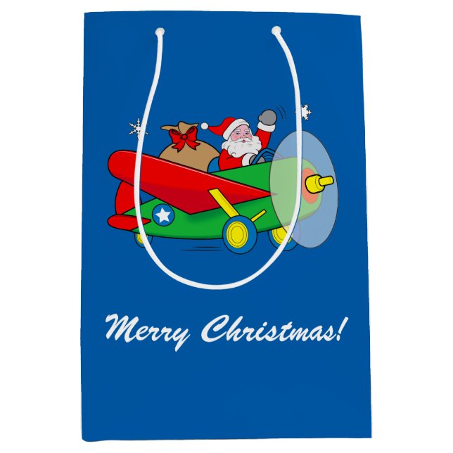 Santa Claus Flying an Aeroplane filled with Gifts Medium Gift Bag (Front)
