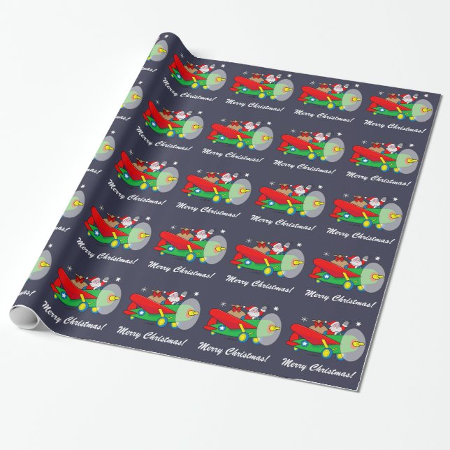Santa Claus Flying an Aeroplane filled with Gifts Wrapping Paper (Unrolled)