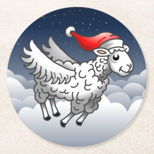 Santa Claus Flying Christmas Sheep Round Paper Coaster