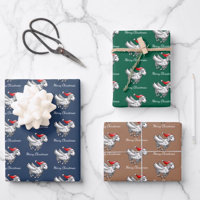 Santa Claus Flying Christmas Sheep Wrapping Paper Sheet (Front)