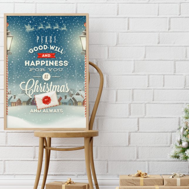 Santa Claus Flying over Snowclad Village Christmas Poster (Creator Uploaded)