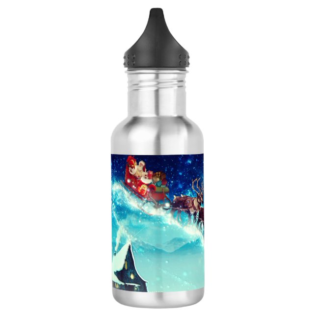 Santa Claus Flying with Reindeer 532 Ml Water Bottle (Left)