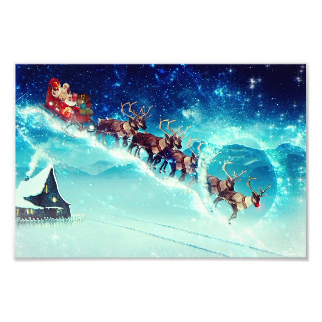 Santa Claus Flying with Reindeer Photo Print (Front)