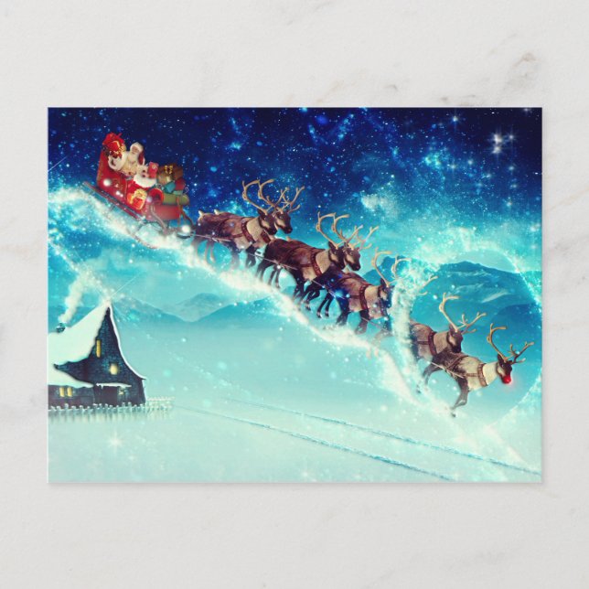 Santa Claus Flying with Reindeer Postcard (Front)