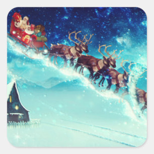 Santa Claus Flying with Reindeer Square Sticker
