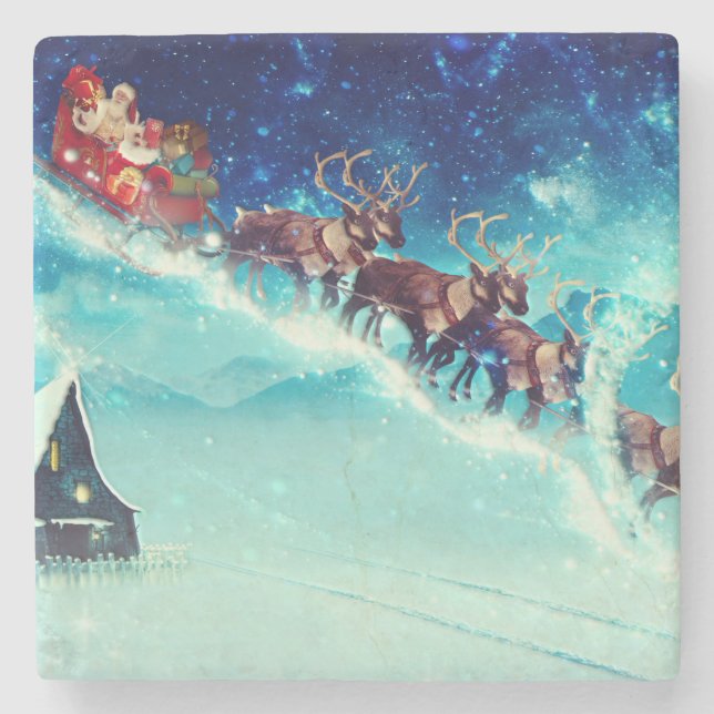 Santa Claus Flying with Reindeer Stone Coaster (Front)
