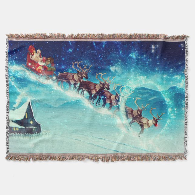 Santa Claus Flying with Reindeer Throw Blanket (Front)