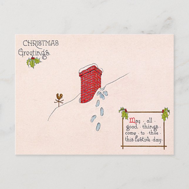 Santa Claus Footprints Chimney Snow Weathervane Holiday Postcard (Front)