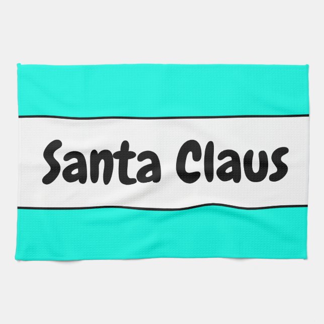 SANTA CLAUS Fun Festive Bright Mint White Stripes Tea Towel (Horizontal)