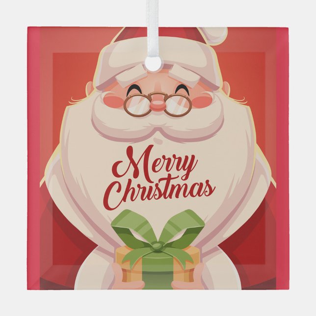 Santa Claus  Glass Tree Decoration (Illustration of Santa Claus holding a gift with a green bow, set against a red background. )