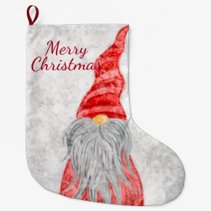 Santa Claus Gnome on Snowy Field Large Christmas Stocking