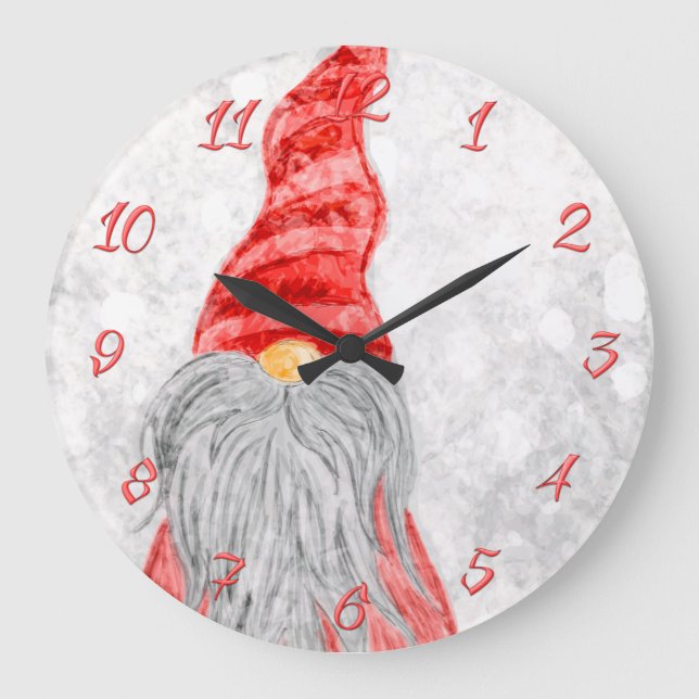 Santa Claus Gnome on Snowy Field   Large Clock (Front)