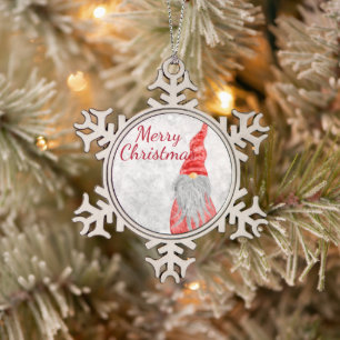 Santa Claus Gnome on Snowy Field  Snowflake Pewter Christmas Ornament