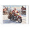 Santa claus goes holiday riding a bike in the snow