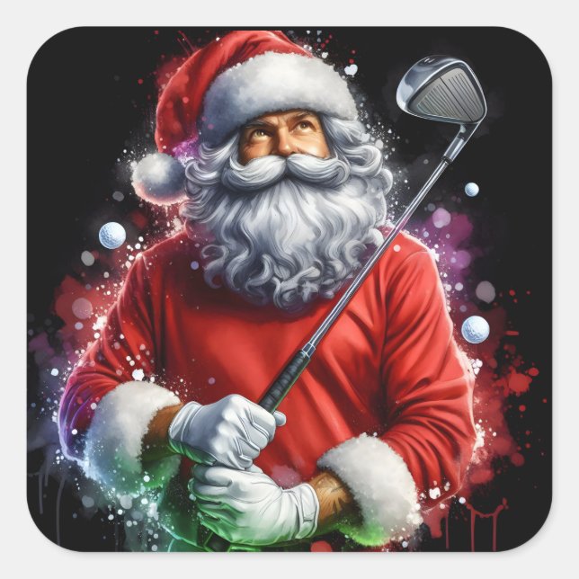 Santa Claus Golfing in Colourful Festive Attire Square Sticker (Front)