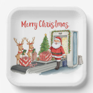 Santa Claus greeting from airport Paper Plate