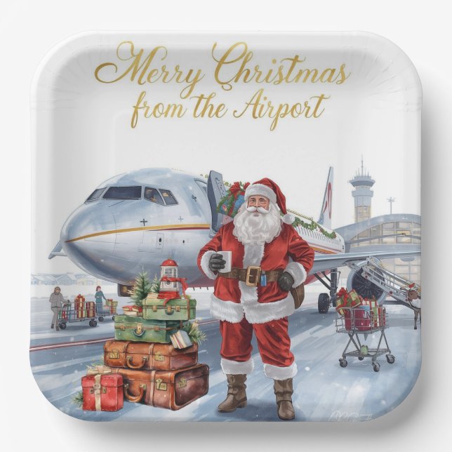 Santa Claus greeting from airport  Paper Plate (Front)