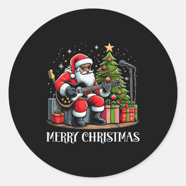 Santa Claus Guitarist Merry Christmas Funny Guitar Classic Round Sticker (Front)