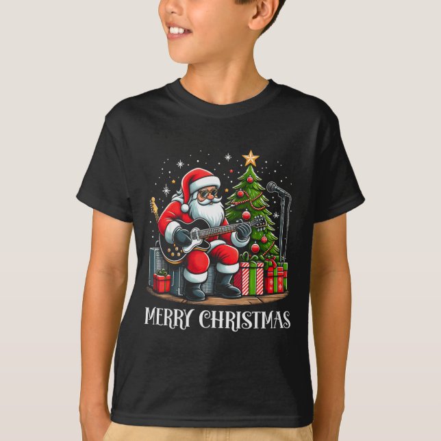 Santa Claus Guitarist Merry Christmas Funny Guitar T-Shirt (Front)