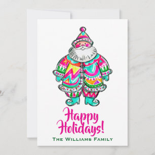 Santa Claus Happy Holidays Boho Cute Pink Holiday Card