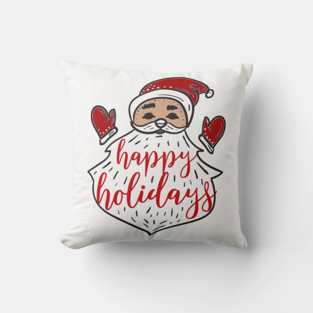 Santa Claus Happy Holidays Red White Stripe Xmas Cushion (Front)