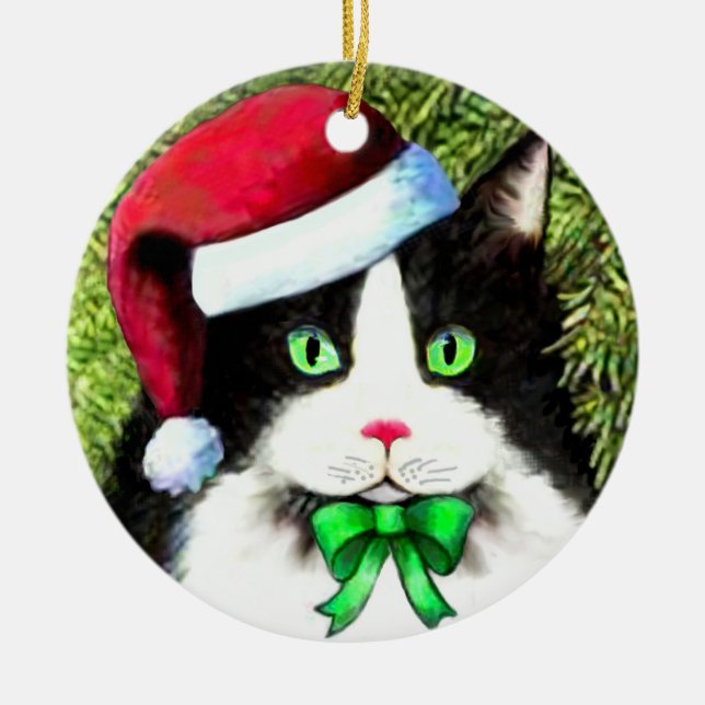 Santa Claus Hat Christmas Cat Ornament (Front)