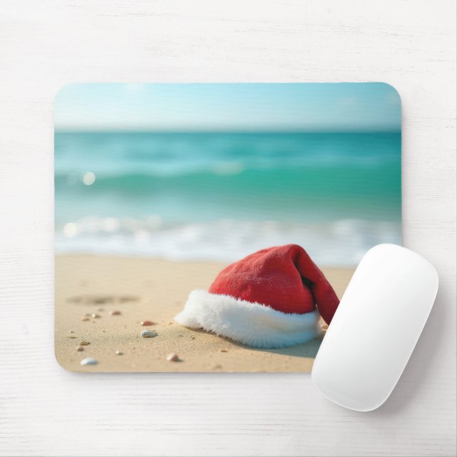 Santa Claus Hat On a Tropical Beach Mouse Pad (With Mouse)