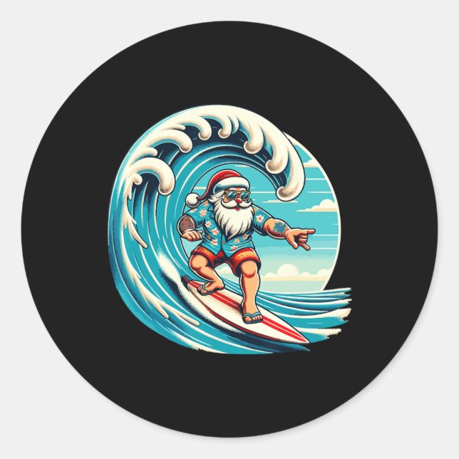 Santa Claus Hawaiian Surfing Christmas Aloha Tropi Classic Round Sticker (Front)