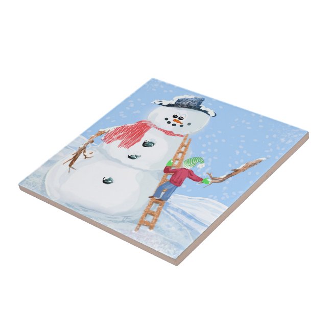 Santa Claus Helper Building A Silly Snowman Ceramic Tile (Side)
