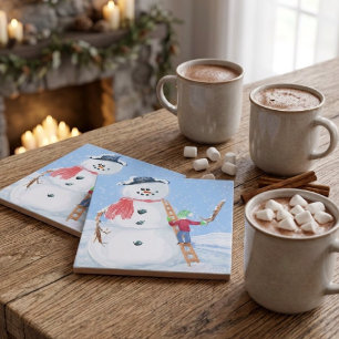 Santa Claus Helper Building A Silly Snowman Ceramic Tile