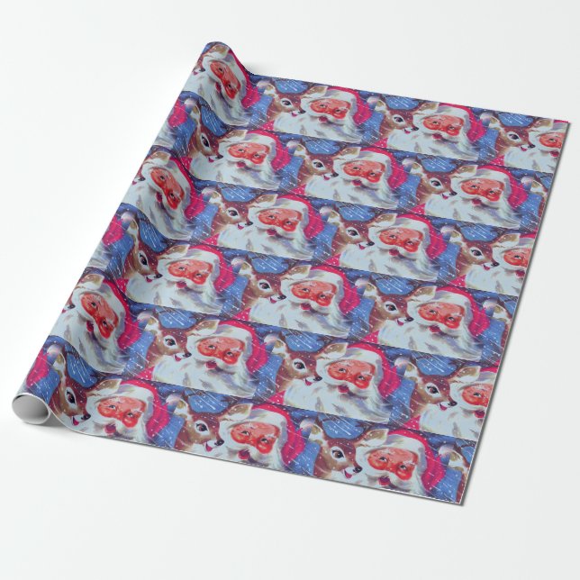 Santa Claus & his Reindeer Christmas wrapping pape Wrapping Paper (Unrolled)