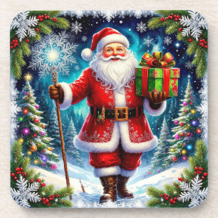 Santa Claus Holding a Gift Amid Scenic Winter Coaster