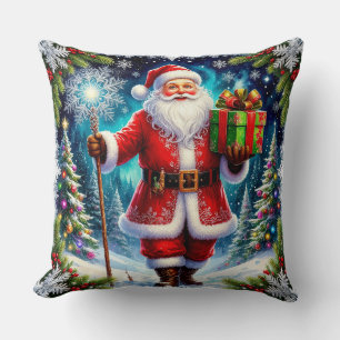 Santa Claus Holding a Gift Amid Scenic Winter Cushion