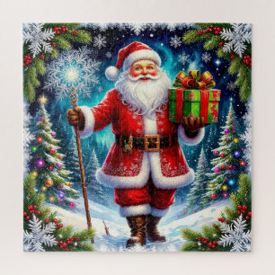 Santa Claus Holding a Gift Amid Scenic Winter Jigsaw Puzzle