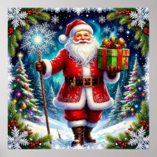Santa Claus Holding a Gift Amid Scenic Winter Poster