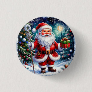 Santa Claus Holding a Gift in a Magical Christmas 3 Cm Round Badge