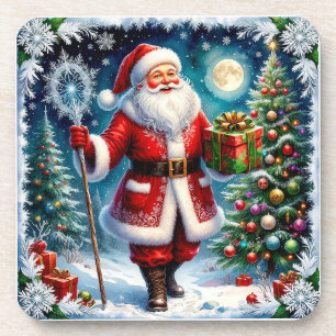 Santa Claus Holding a Gift in a Magical Christmas Coaster