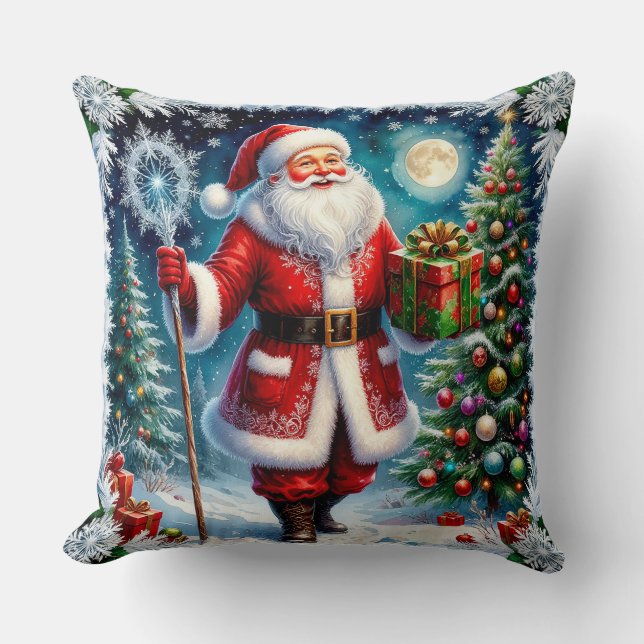 Santa Claus Holding a Gift in a Magical Christmas Cushion (Front)