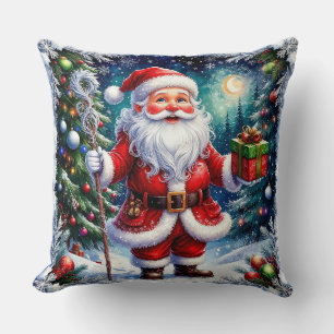 Santa Claus Holding a Gift in a Magical Christmas Cushion